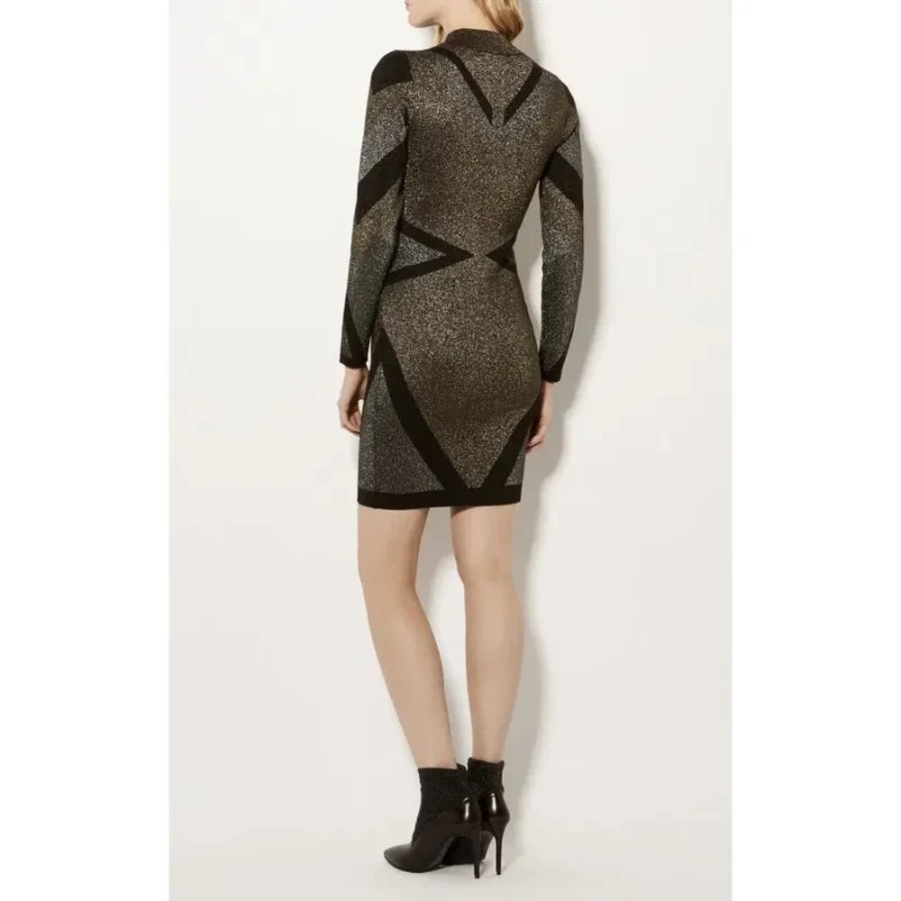 Karen Millen Metallic Bandage Knit Bodycon Dress Front Zip Gold Black UK S 4-6 - Picture 16 of 16